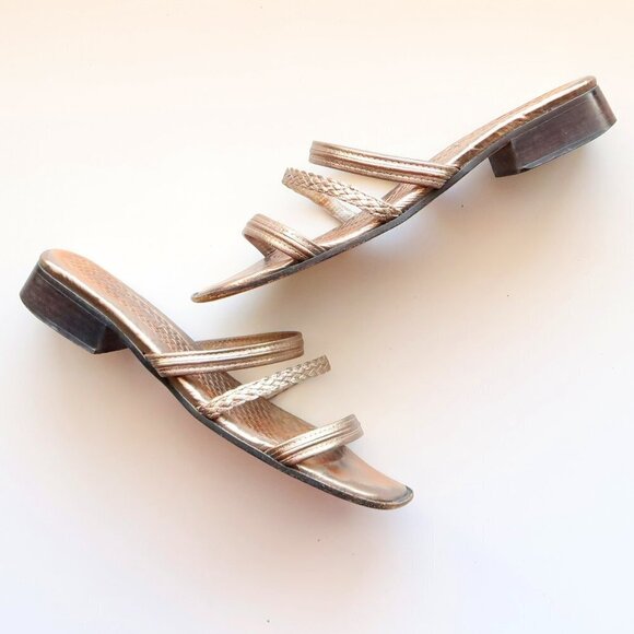 Sesto Meucci Silver Leather Square Toe Strappy Mule Sandals Block Heel Slides 10 - Picture 2 of 16